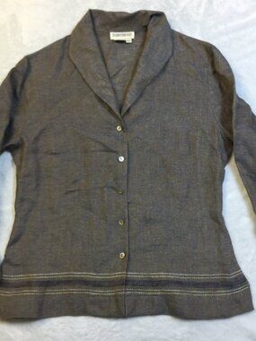 Vintage Barry Bricken Shirt Top XS Womans Gray 100% Linen 3/4 Sleeve Button Up